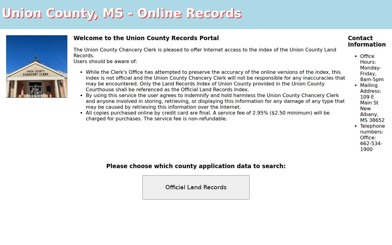 Union County case search image of the Official Records Online land portal disclaimer