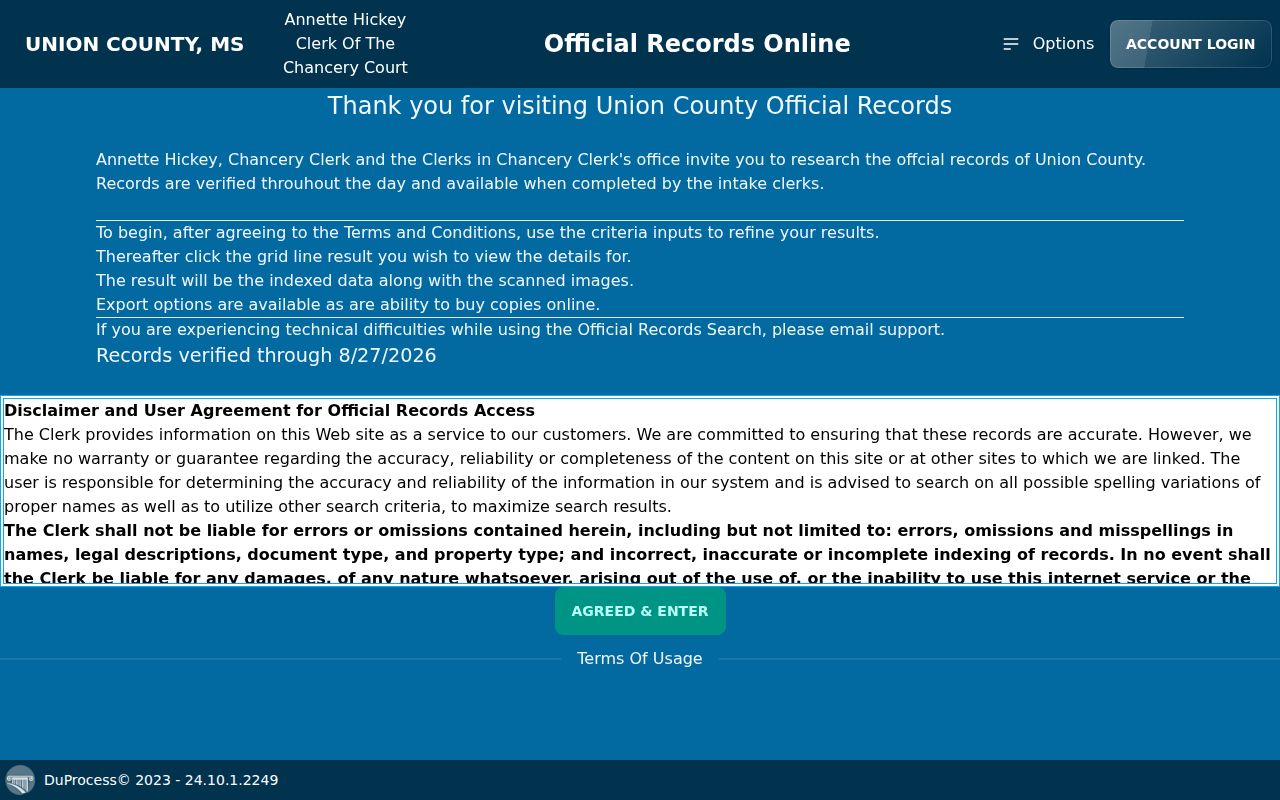 Union County case search image of the Official Records Online land search fields