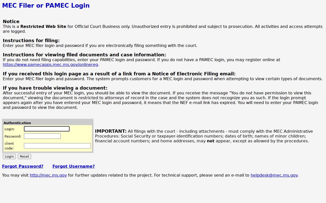 Union County civil court dockets Chancery MEC login and permissions screen