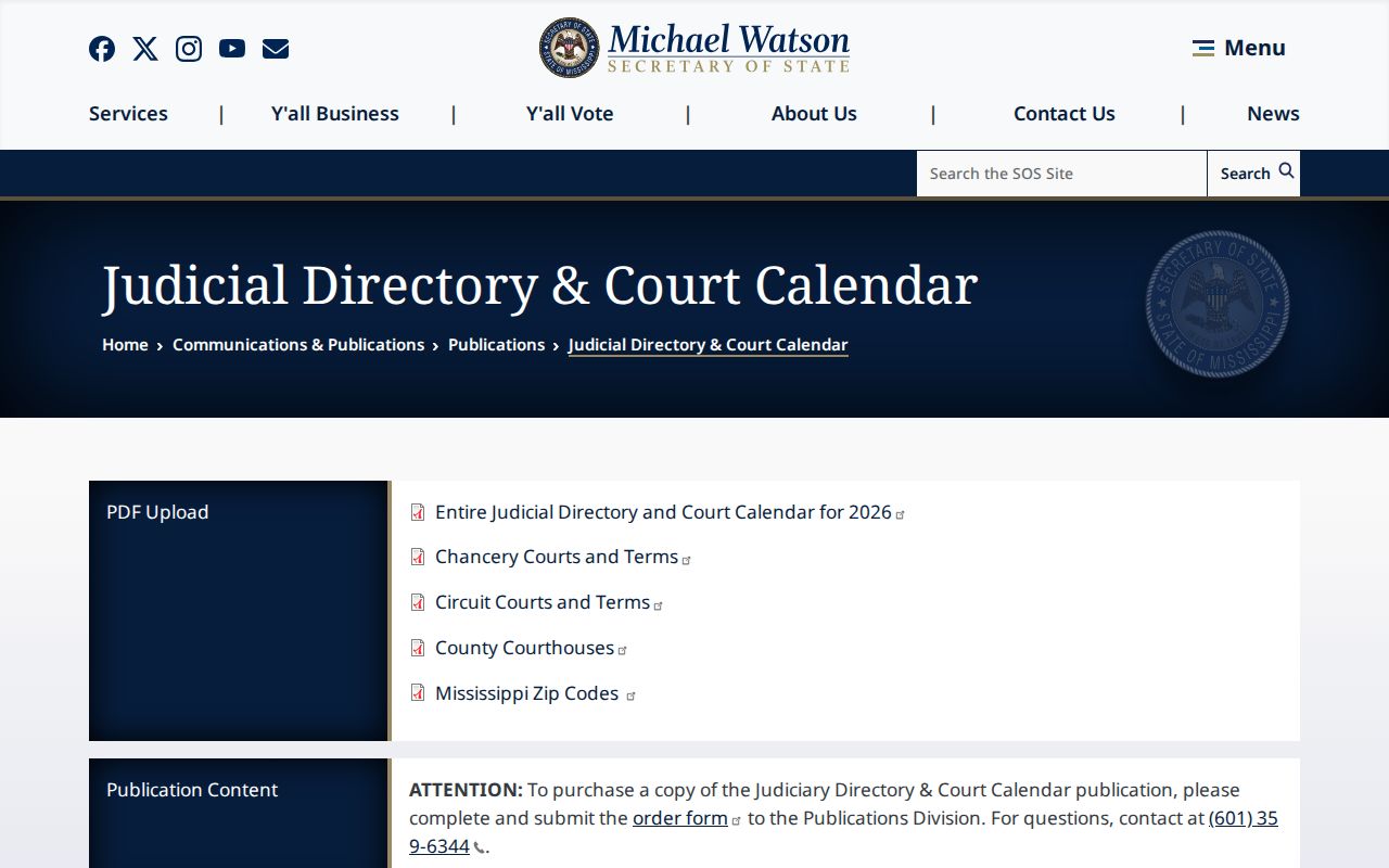Union County court docket calendar source from the Mississippi judiciary directory