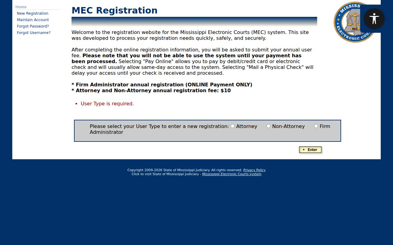 Union County criminal court dockets PAMEC registration user-type screen
