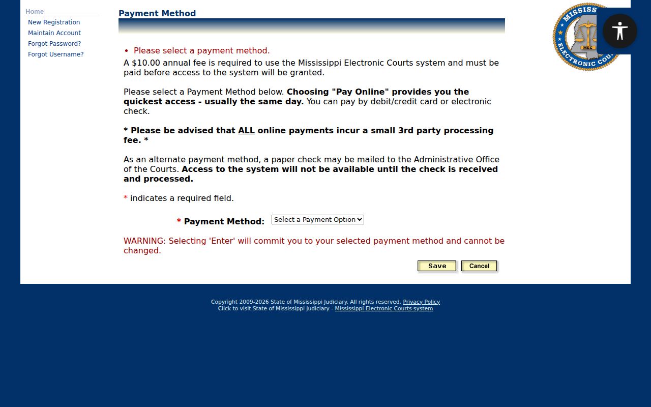 Union County traffic court PAMEC payment-method source screen